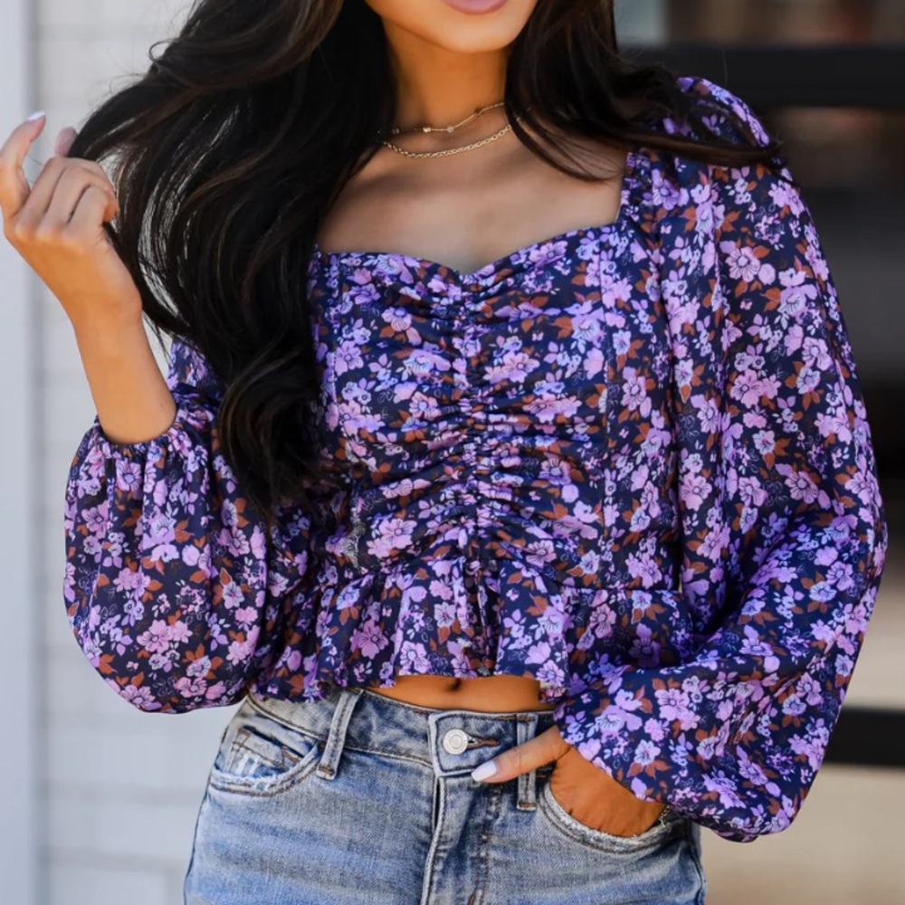 Dress Up Purple and White Floral Ruched Crop Blouse Smocked Back